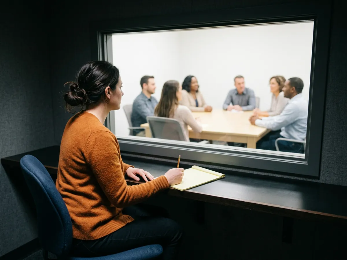Brand strategist watching a focus group through a one-way mirror from a dim observation room