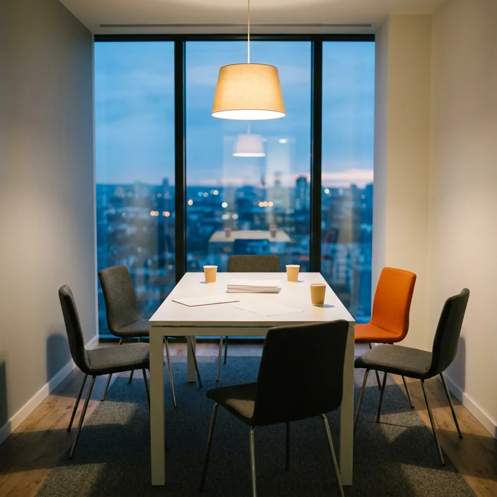 Empty agency pitch room at dusk with chairs pushed back from a table after a rehearsal