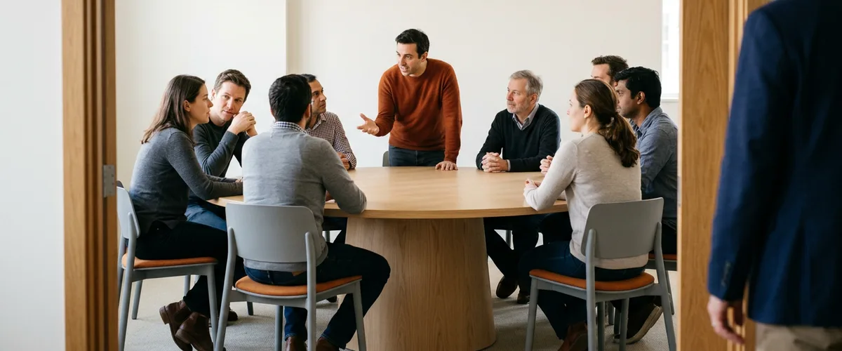 Engineering leader watching a crowded team meeting where several conversations run at once, illustrating Brooks's law and the coordination tax