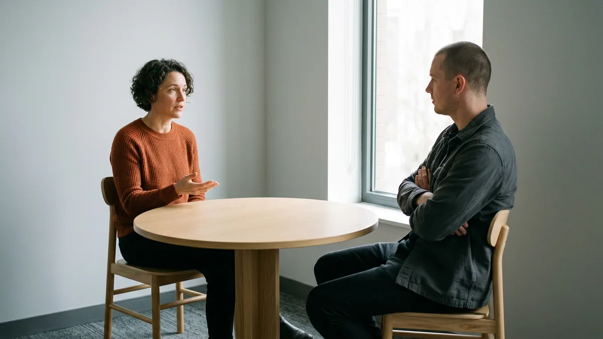 Two engineers at a small round table aligning on the definition of done for a shared engineering initiative