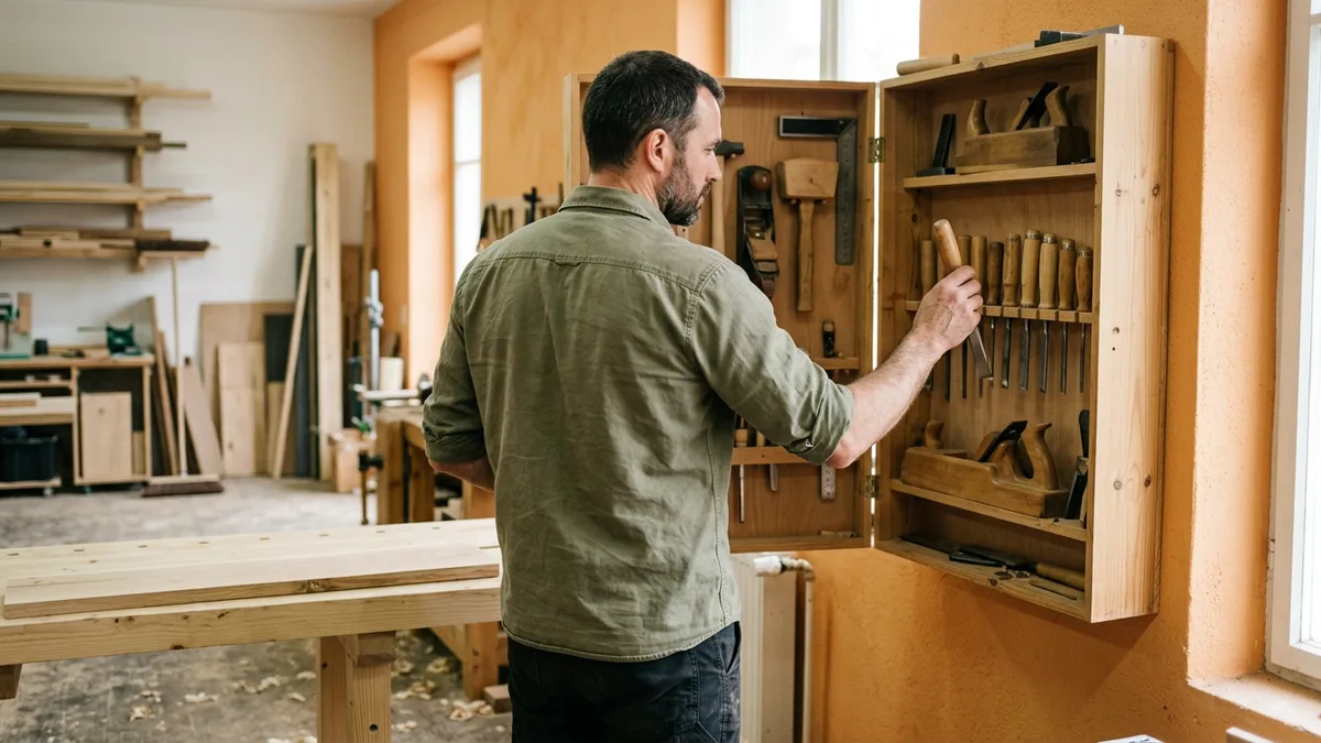 Man selecting a chisel from a wall cabinet of standard hand tools, illustrating choosing the simplest software option before building anything custom