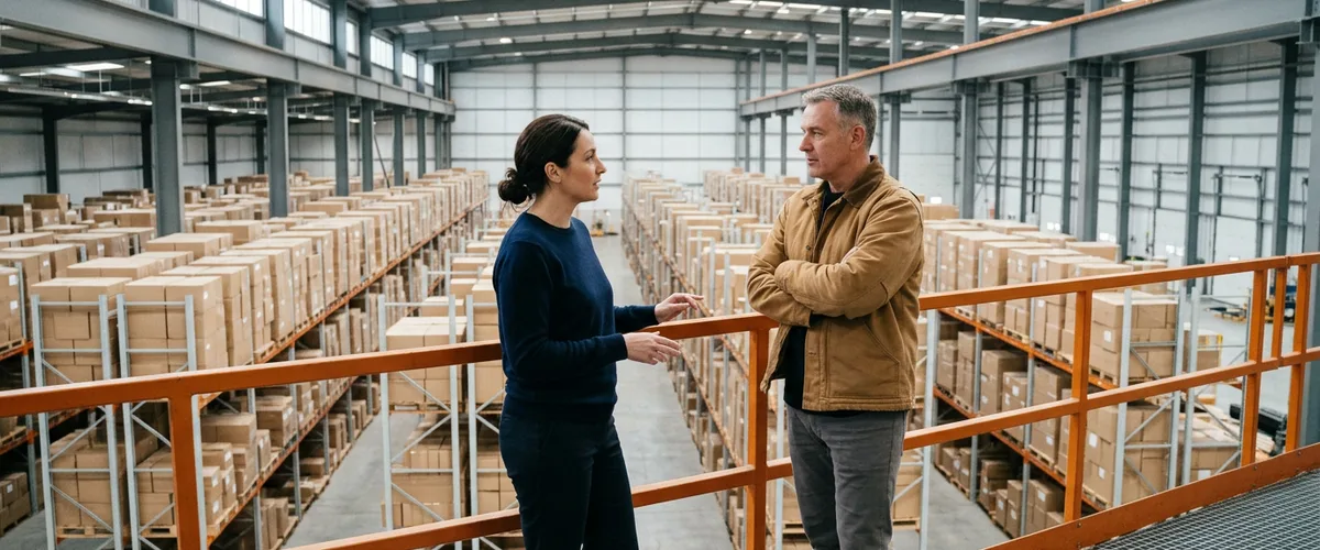 Two operations leaders talking on a warehouse mezzanine above pallet racking while weighing whether to customize software or adopt the standard process