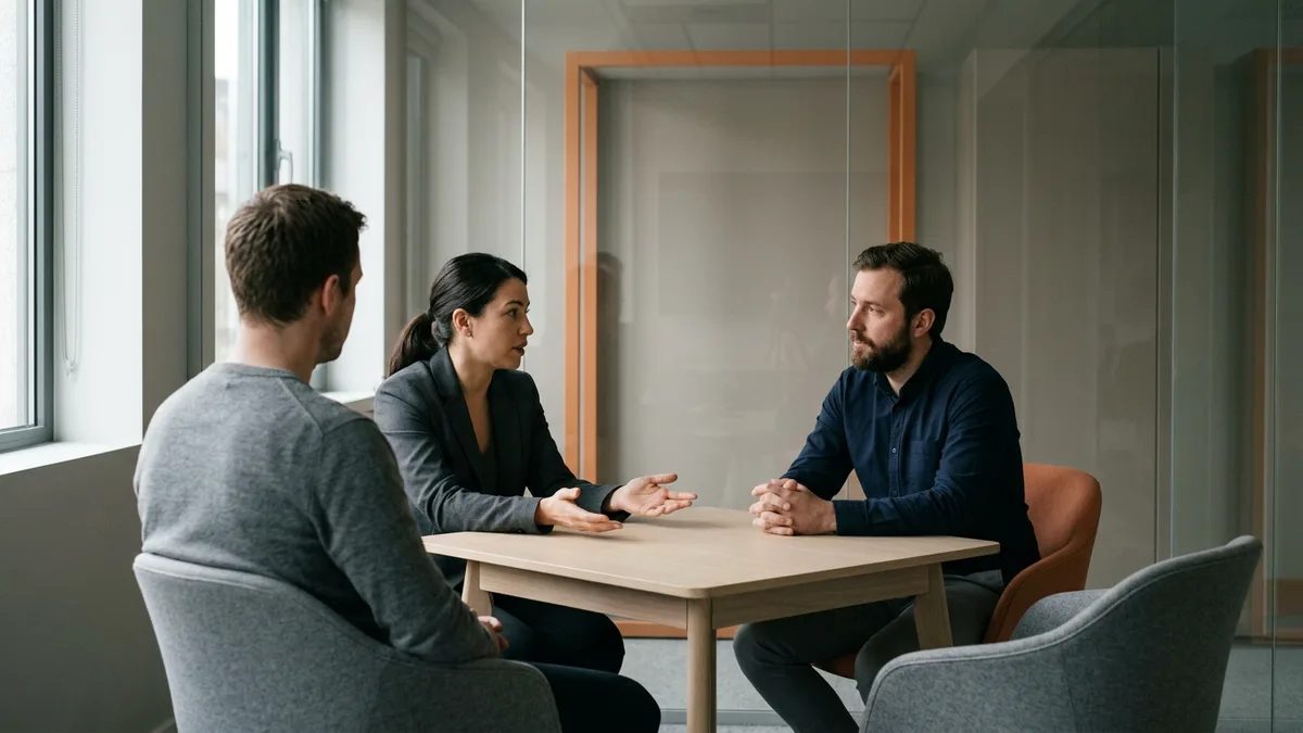 Three colleagues at an empty meeting table agreeing a canonical schema before any extraction model is chosen