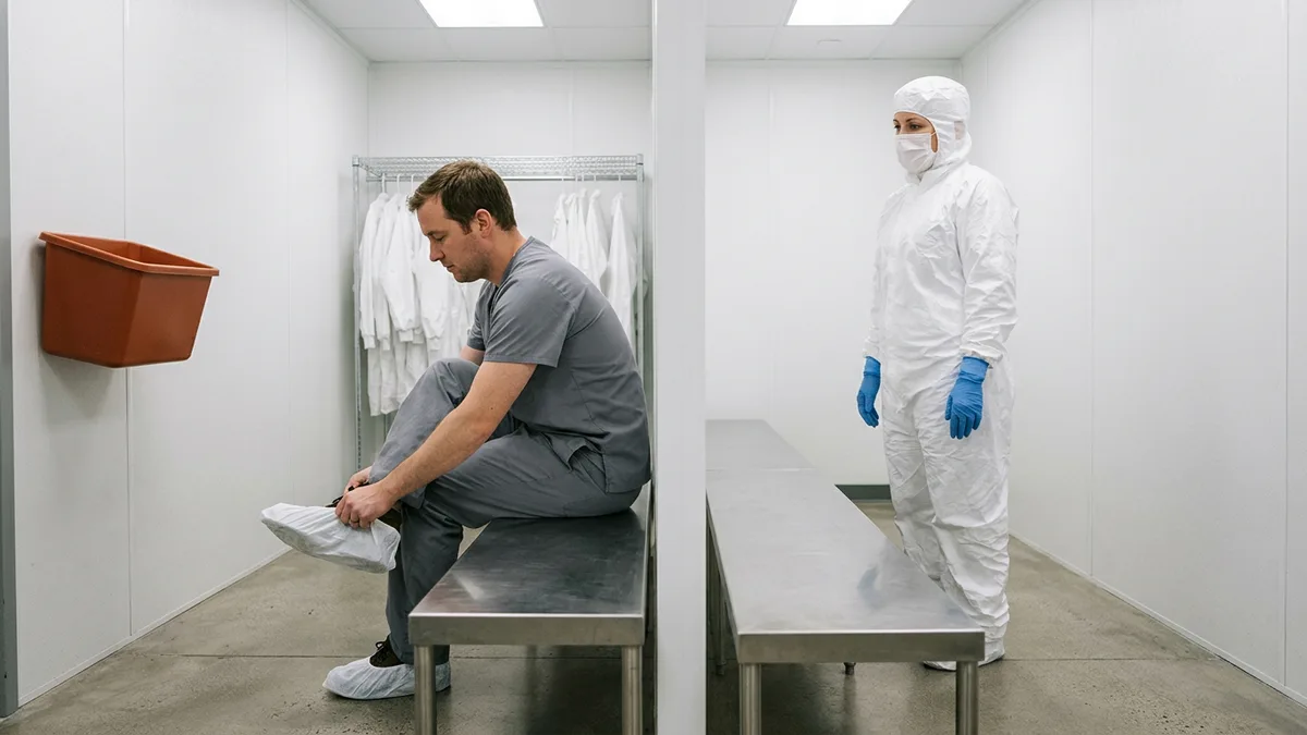 New operator pulling on shoe covers at a gowning room bench while a gowned trainer waits on the clean side