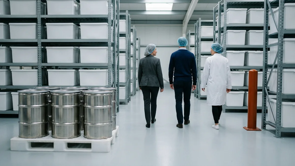 Three people in hairnets walking a clean GMP warehouse aisle past stainless steel drums
