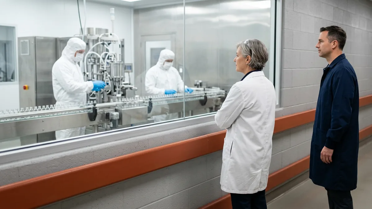 Two sponsor representatives in lab coats watching operators run a vial filling line through a corridor window