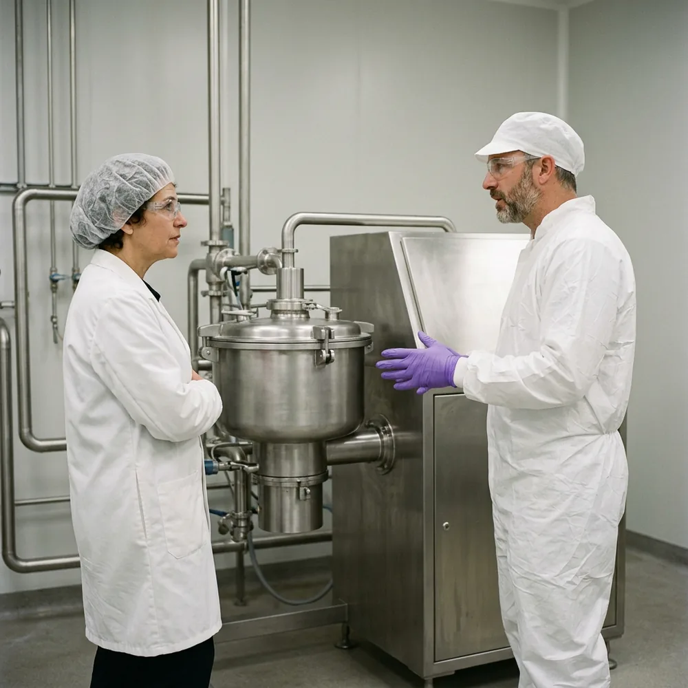 CDMO process scientist in cleanroom garb explaining a stainless steel granulator while a visiting client representative in a lab coat and hair cover watches
