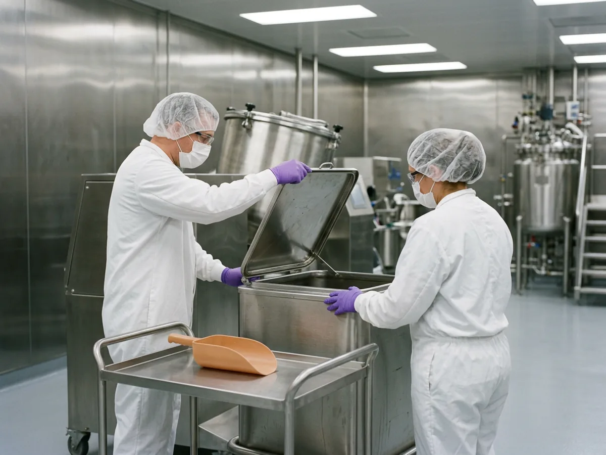 Two manufacturing associates in white coveralls and purple nitrile gloves opening a stainless steel bin beside a blender in a CDMO granulation suite