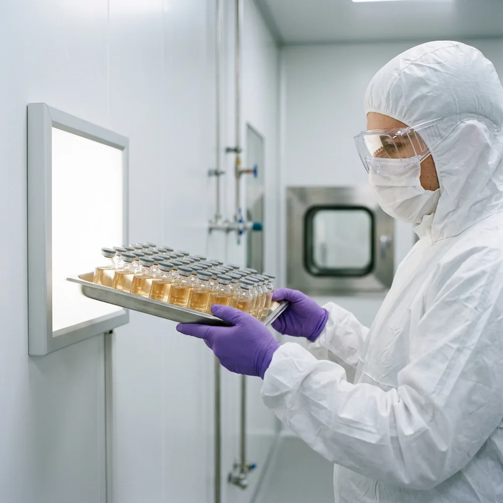 Aseptic technician in a full sterile gown inspecting a tray of small glass vials filled with pale yellow growth medium after a media fill