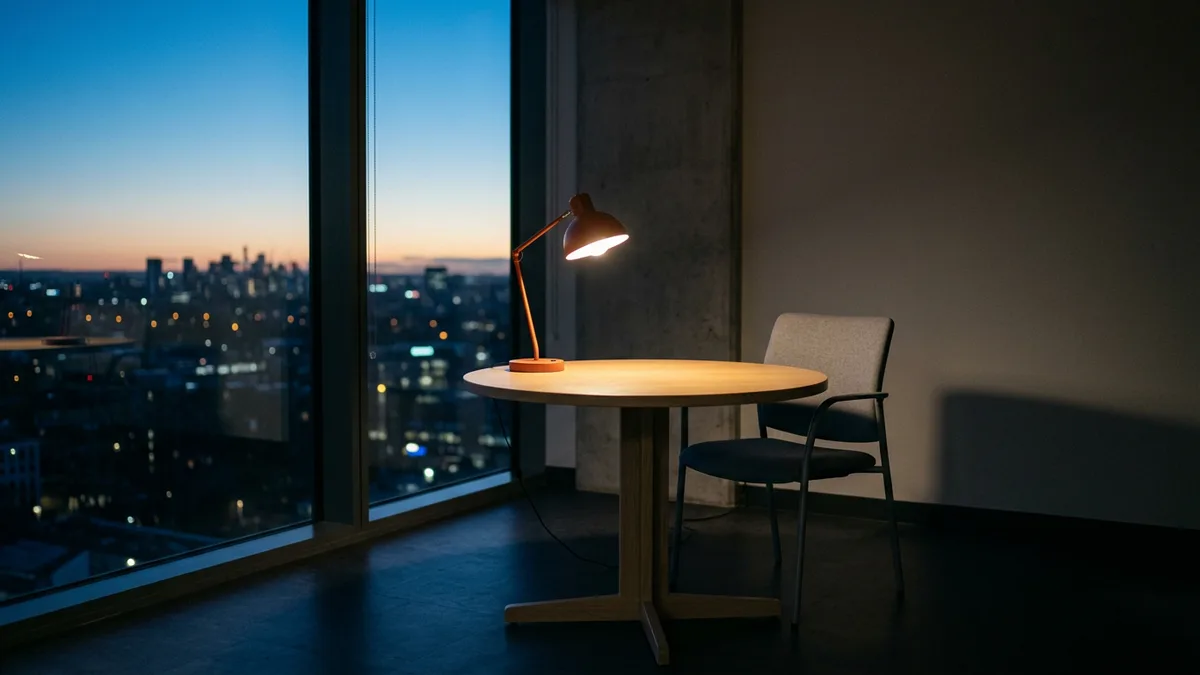 Orange desk lamp lit on an empty round table beside a tall window at dawn, the early hour a data incident call usually starts