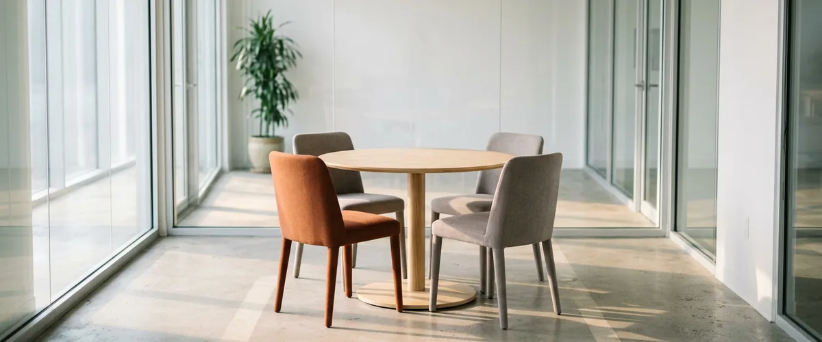Empty round oak meeting table with one burnt-orange chair and three grey chairs in a sunlit glass-walled room before a chief data officer interview panel