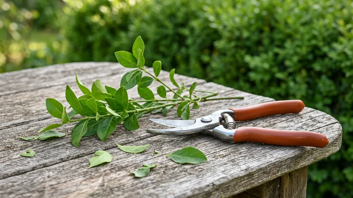 Steel pruning shears with orange handles beside freshly cut green branches on a weathered potting bench, a picture of stopping a project