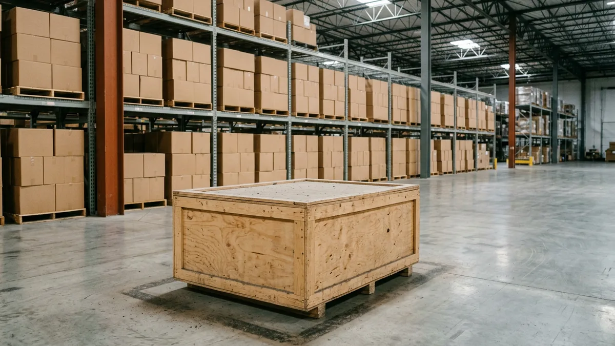 Unopened plywood shipping crate gathering dust on a distribution warehouse floor, like a data tool bought and never used