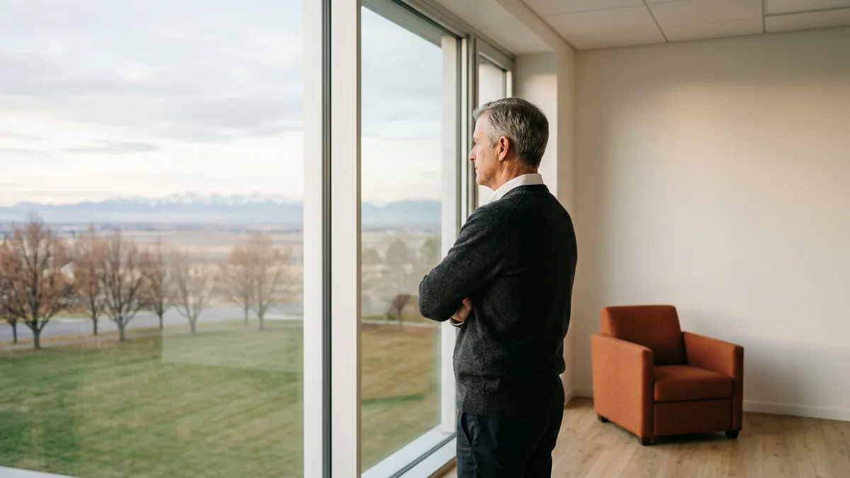 Company CEO standing at an office window with a mountain view, weighing a fractional CIO against a full-time hire