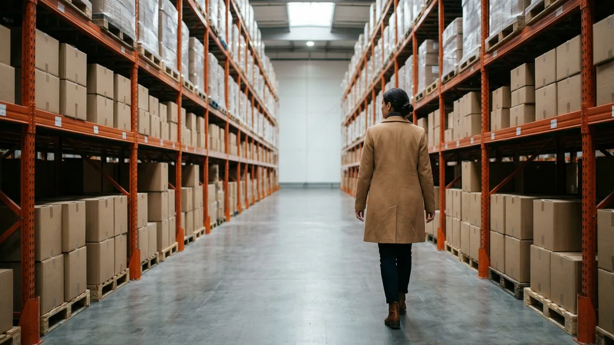 Finance executive in a camel coat walking away down a distribution warehouse aisle between orange pallet racks stacked with cartons