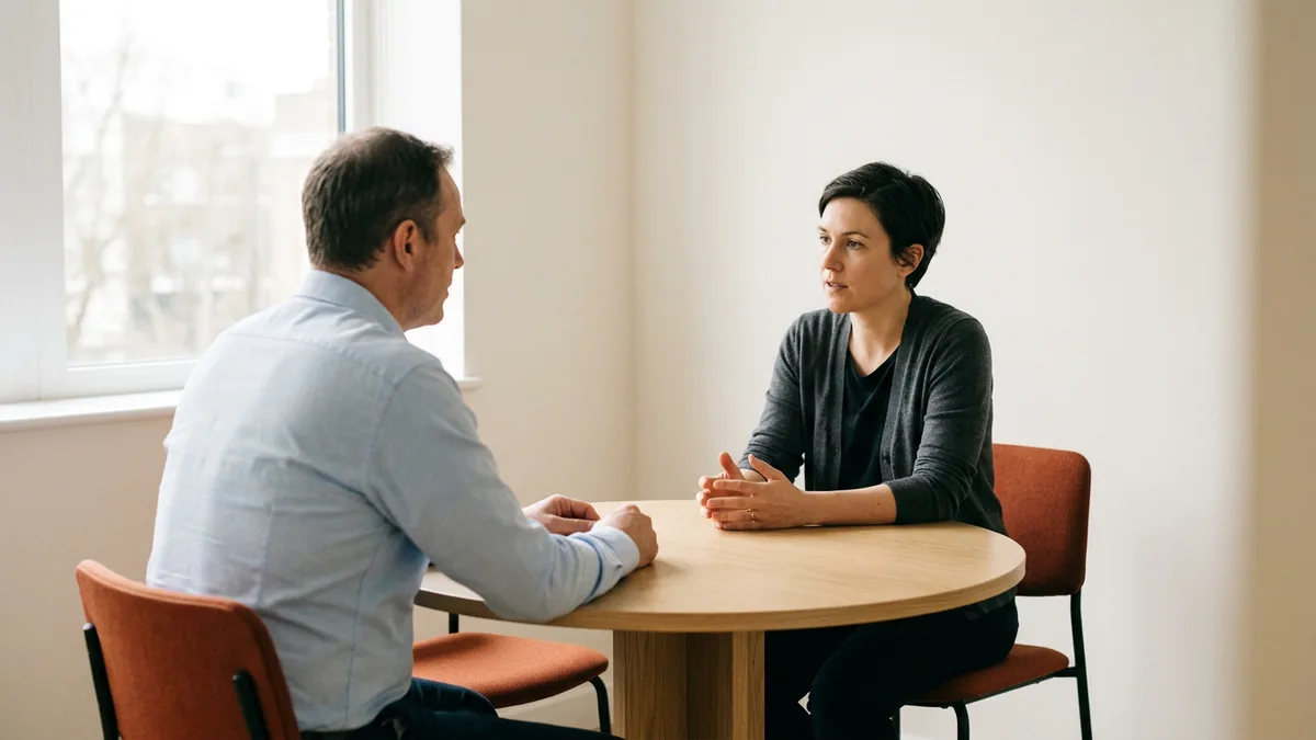 CFO finalist in a charcoal cardigan listening to a controller across a small round oak table during a reverse interview round