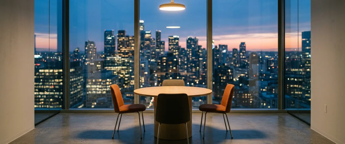 Empty glass-walled conference room at dusk with a round oak table and orange chairs, ready for a CFO final-round interview