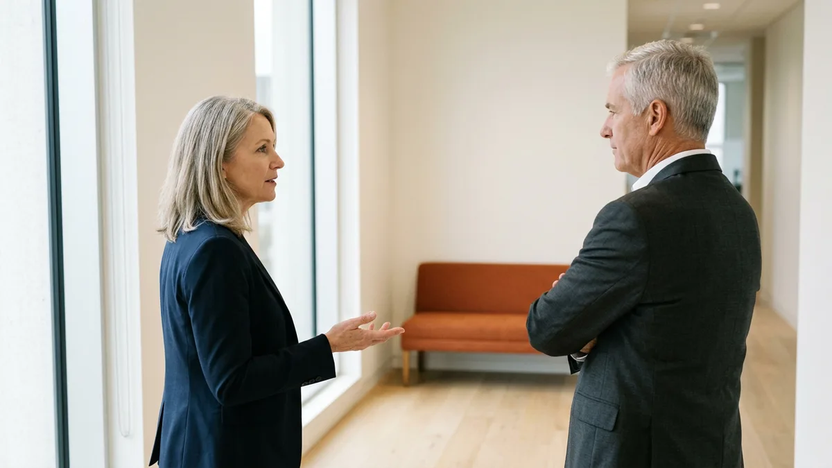 Woman executive in a navy blazer explaining a point to a silver-haired board member with folded arms during a CFO interview in an office corridor
