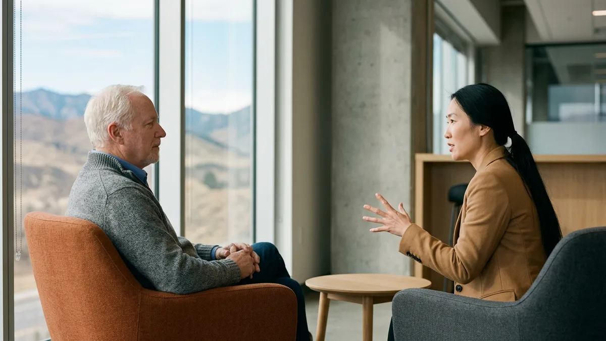 Company founder in a gray sweater listening to a CFO candidate in a camel blazer beside a window overlooking brown foothills