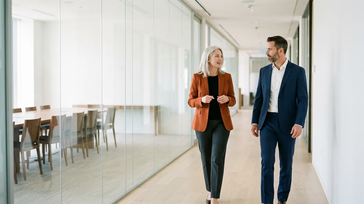 Silver-haired CFO in a burnt orange blazer walking with the CEO past a glass-walled boardroom while they talk through the role