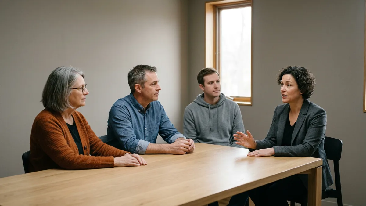 CFO in a charcoal blazer leading a meeting at a bare oak table with the IT, HR, and operations leads who report to her