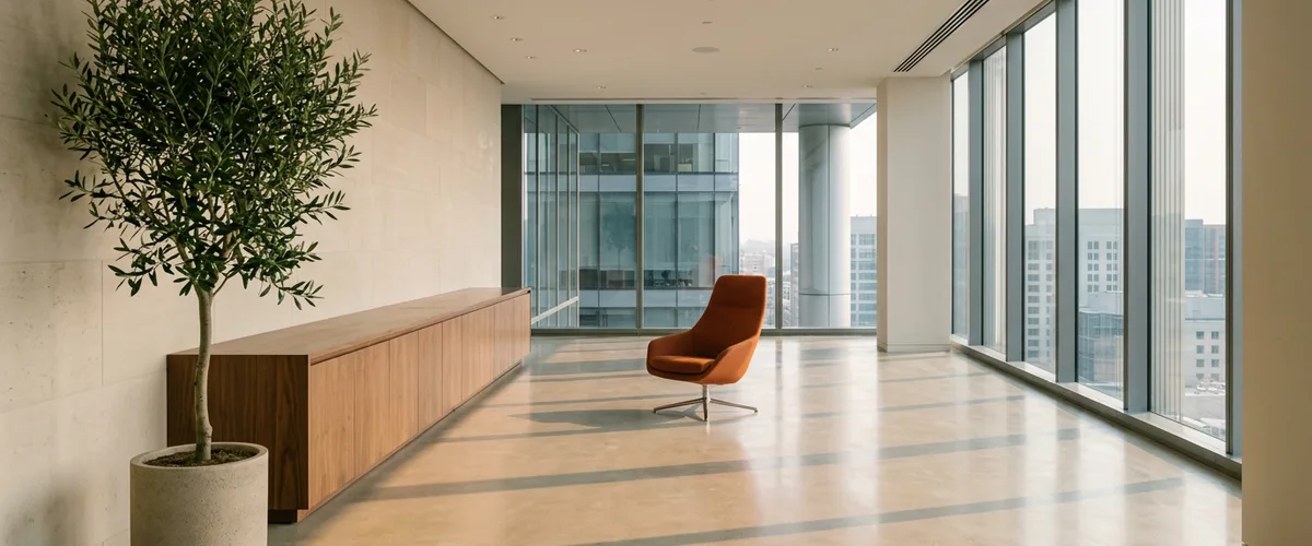 Empty executive floor reception with a walnut credenza, an olive tree, and a single burnt orange lounge chair in early morning light