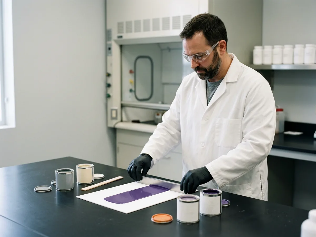 Formulation chemist in safety glasses and black nitrile gloves pulling a steel drawdown bar across a white test card, leaving a wet stripe of violet paint beside open sample cans in a coatings lab