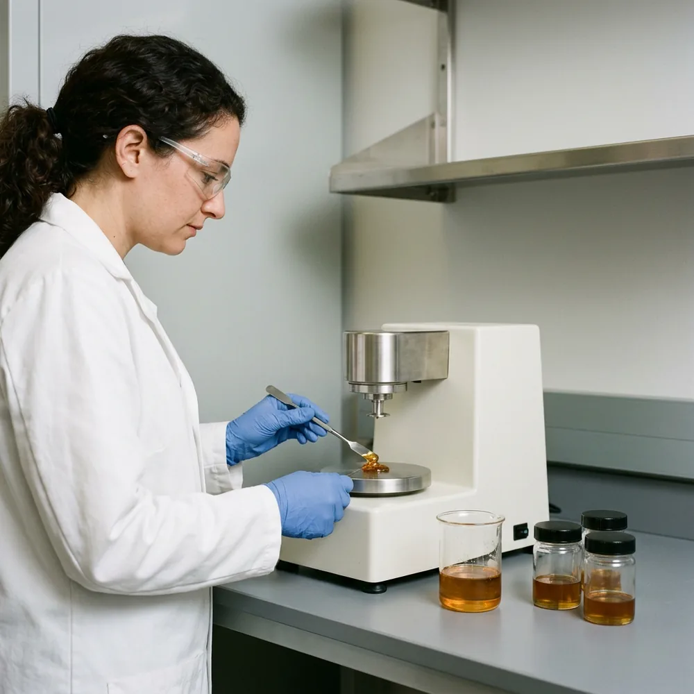 Analytical chemist in a white lab coat and blue gloves placing a drop of amber resin onto the plate of a benchtop rheometer in a polymer plant QC lab
