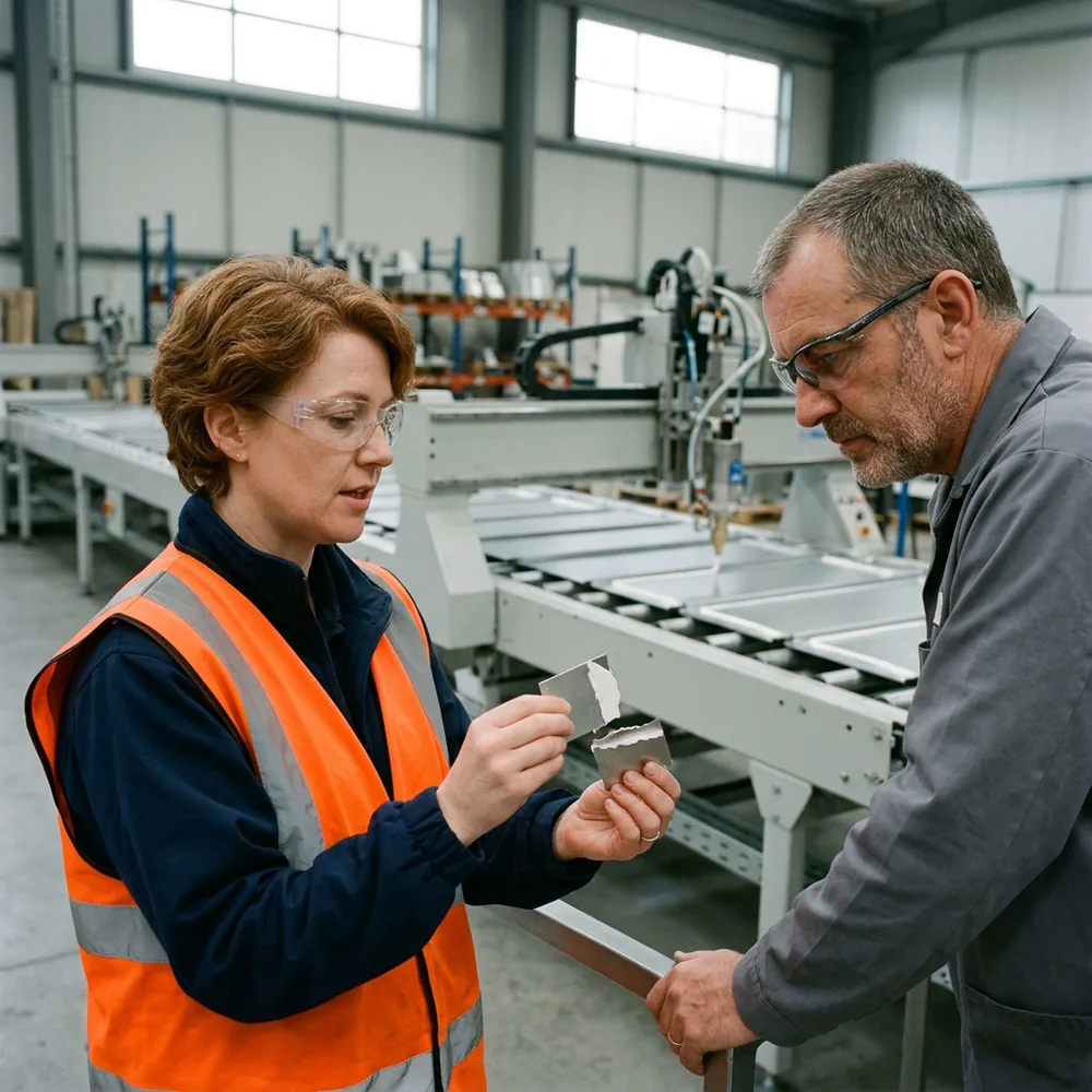 Technical service chemist in safety glasses and an orange high-visibility vest showing a pulled-apart bonded metal test coupon to a production supervisor beside an adhesive dispensing line