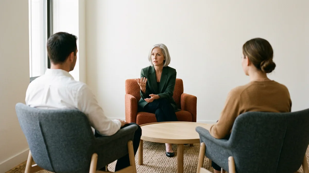 Chief AI officer candidate in a green blazer explaining an answer from an orange armchair to two hiring panel members seated in gray armchairs