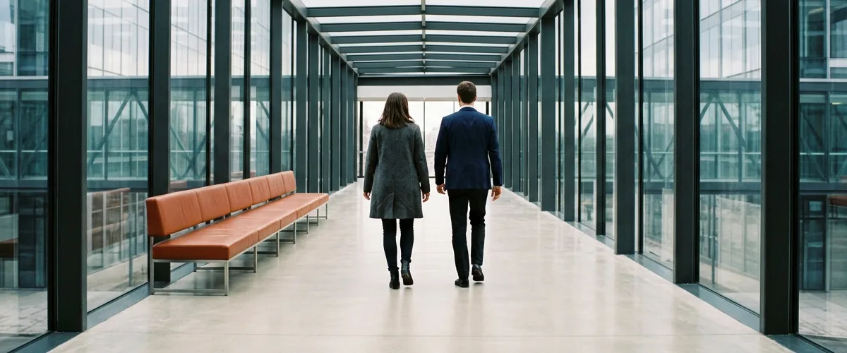 Two executives walking away down a glass skybridge between office buildings past an orange bench, on the way to a chief AI officer interview