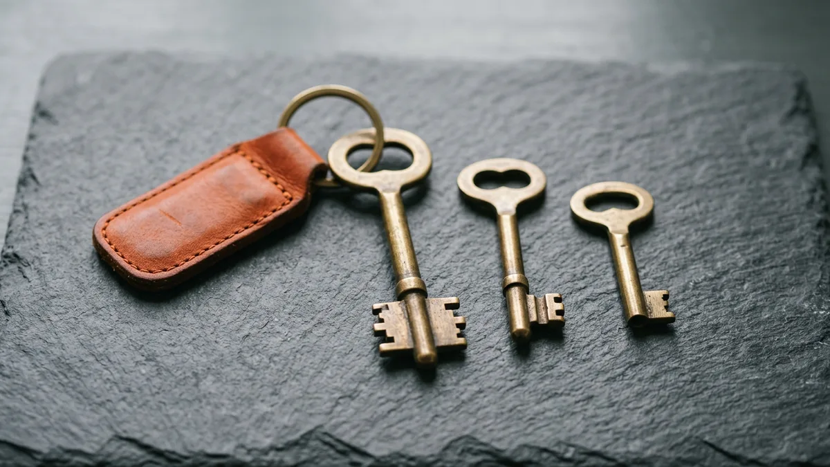Three old brass keys on dark slate, the largest attached to an orange leather key fob