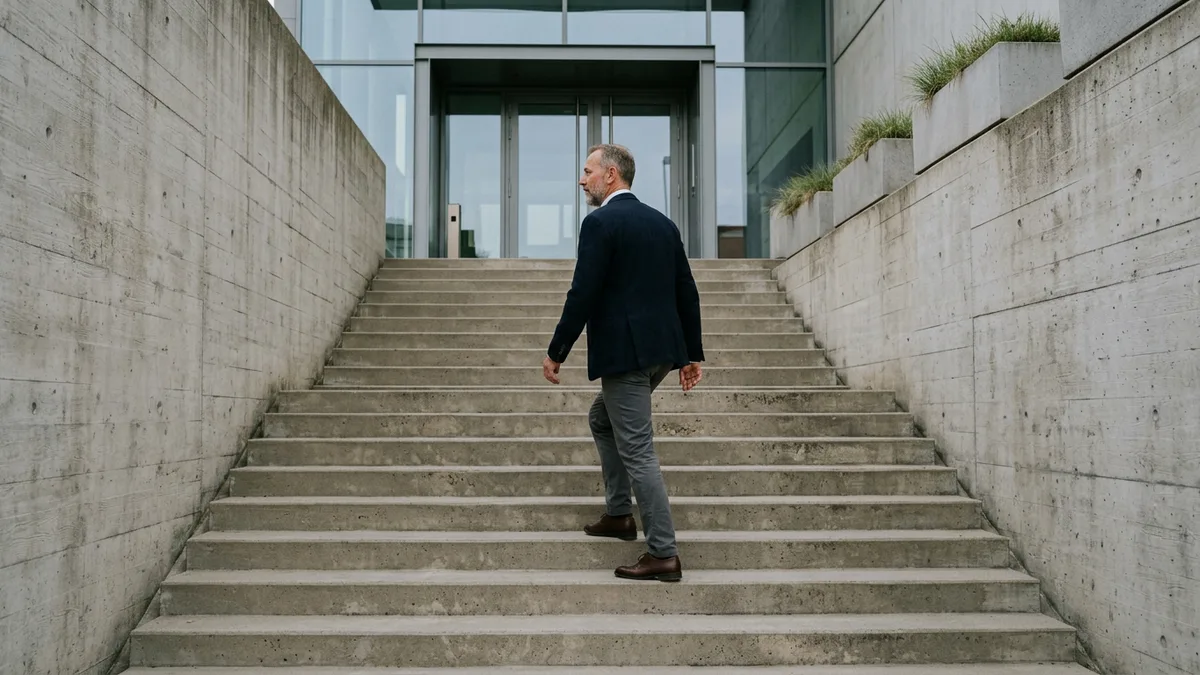 Bearded executive in a navy blazer climbing a wide concrete staircase toward a glass building entrance