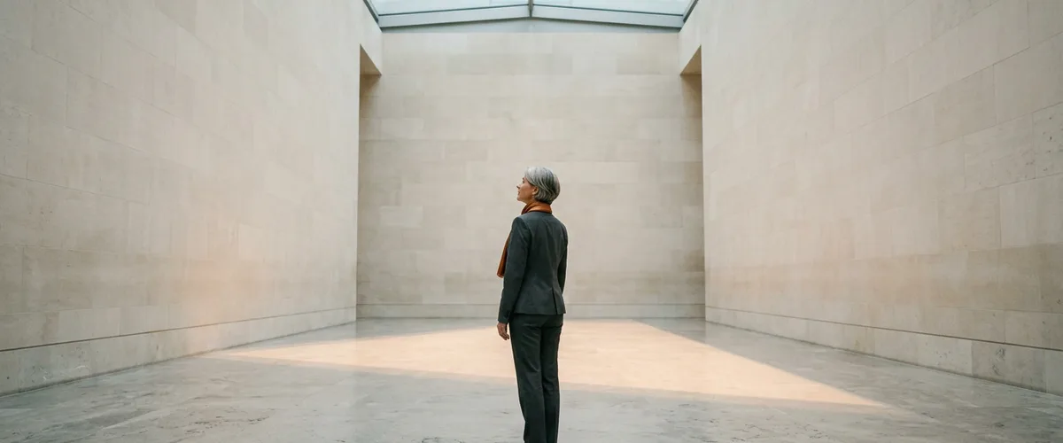 Executive in a charcoal suit and orange scarf standing alone in a skylit limestone atrium, seen from behind