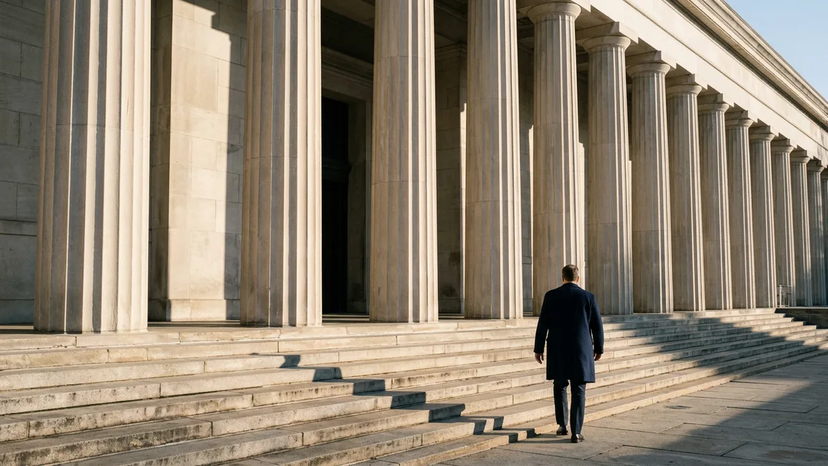 Man in a navy overcoat walking up the steps of a neoclassical colonnade in early morning light