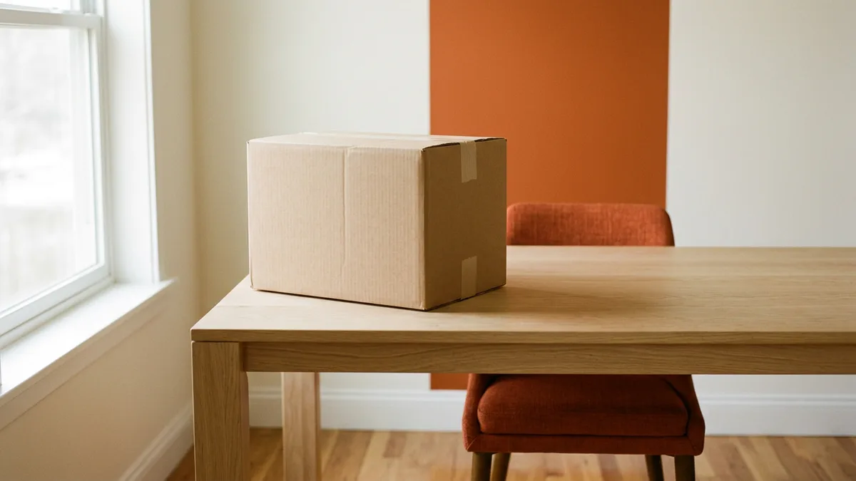 Sealed brown moving box on a bare oak table beside an orange chair, representing a vendor retiring the AI model under a product