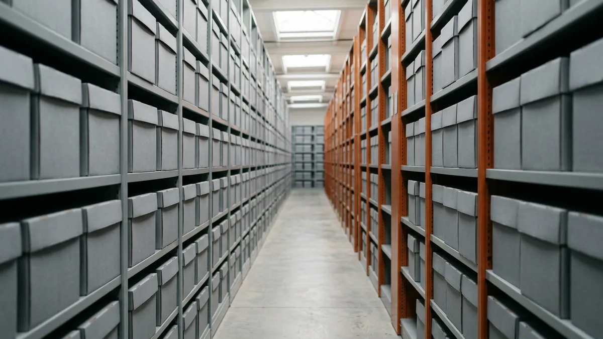 Records room aisle lined with gray archive boxes on steel shelving with orange uprights, representing the governed records a chief data officer is designated to oversee