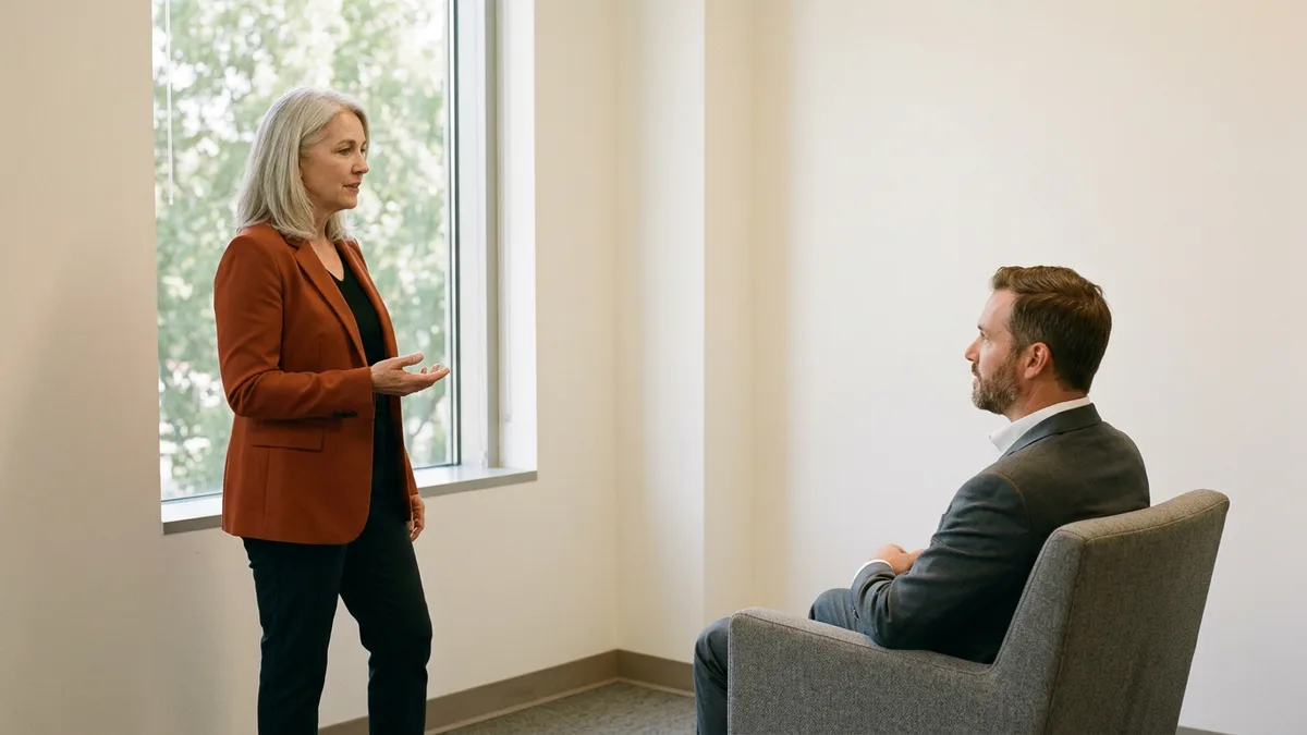 Senior executive in an orange blazer explaining the chief data officer role mandate to a seated colleague by an office window