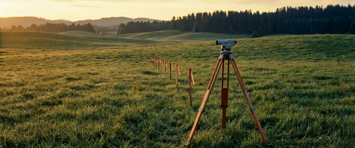 Surveyor's level on an orange tripod beside a row of boundary stakes in a green meadow at dawn, a metaphor for defining a chief data officer's scope