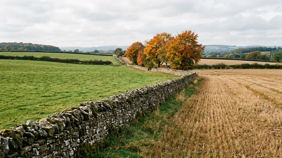 Dry-stone wall dividing a green pasture from a golden harvested field under orange autumn trees, illustrating the boundaries of the chief data officer role
