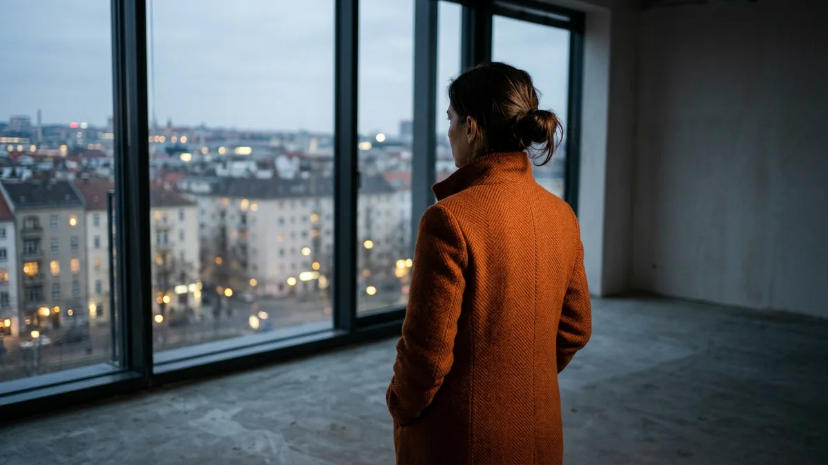 Executive in an orange wool coat looking out over a city at dusk from an empty upper-floor office, weighing a confidential search spec against a public job posting