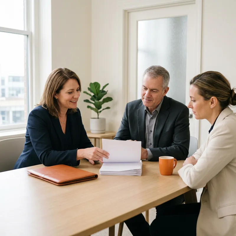 KORE1 executive recruiters reviewing printed candidate dossiers privately with a client in a quiet boardroom