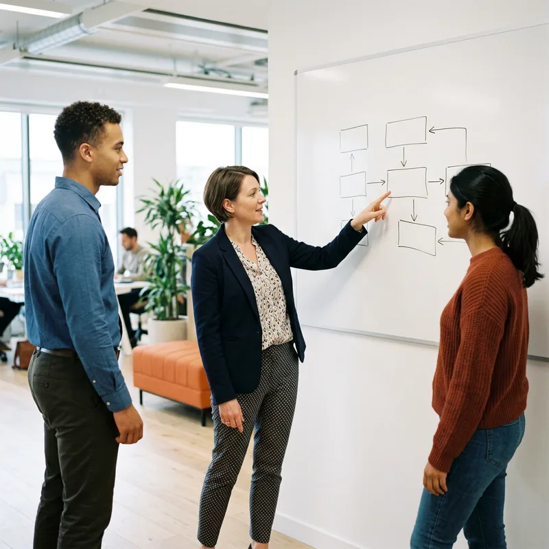 Product executive working through a product strategy with engineering and design team members at a whiteboard