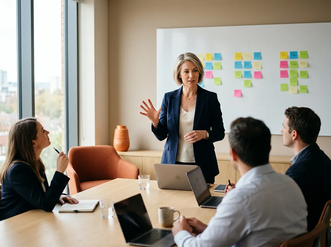 Chief Product Officer leading a product portfolio review with engineering and design leaders in a bright modern office
