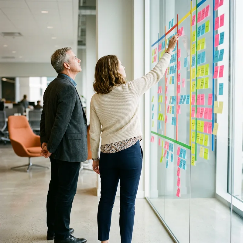 Senior product leaders reviewing a product portfolio wall during a quarterly strategy session
