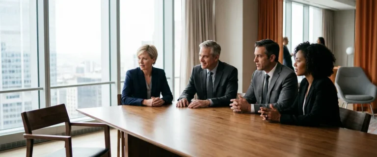 Executive search committee of four seated at a boardroom table facing an empty candidate chair during a CIO search