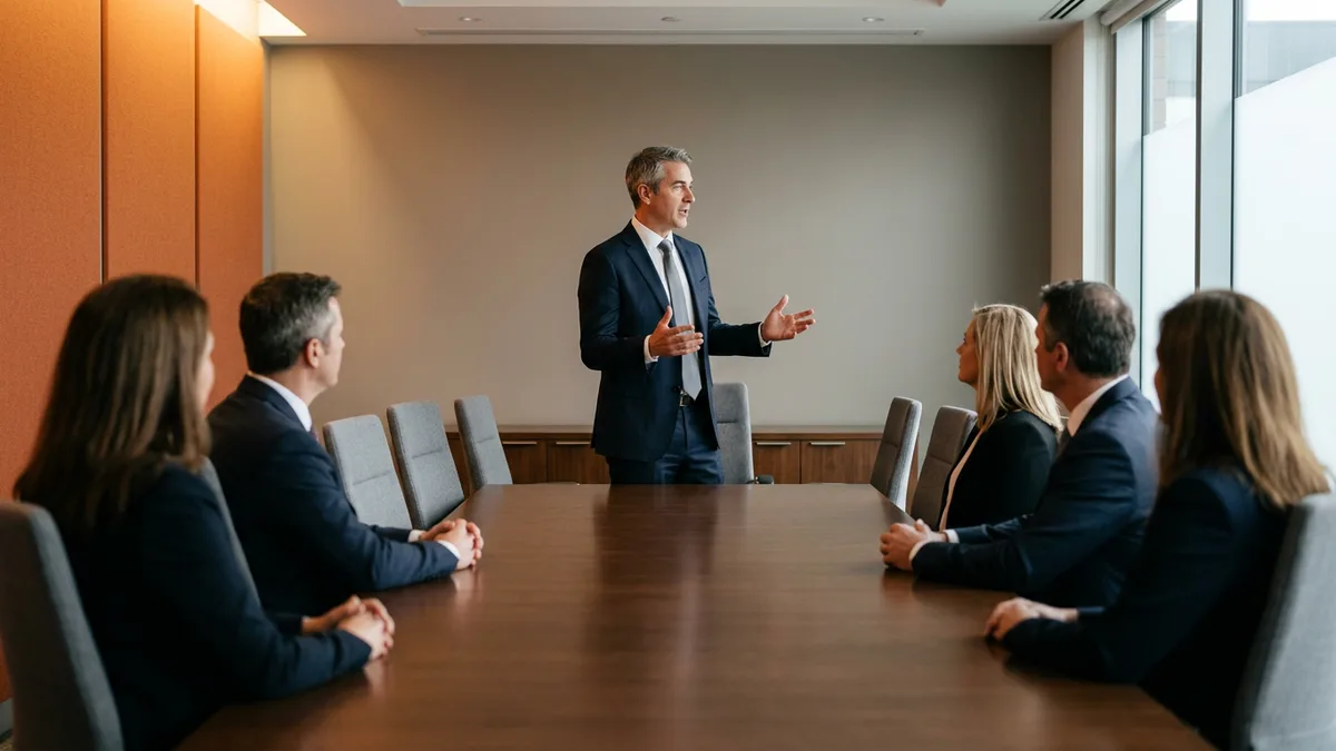 Chief information officer presenting a technology update to five seated board directors in a boardroom