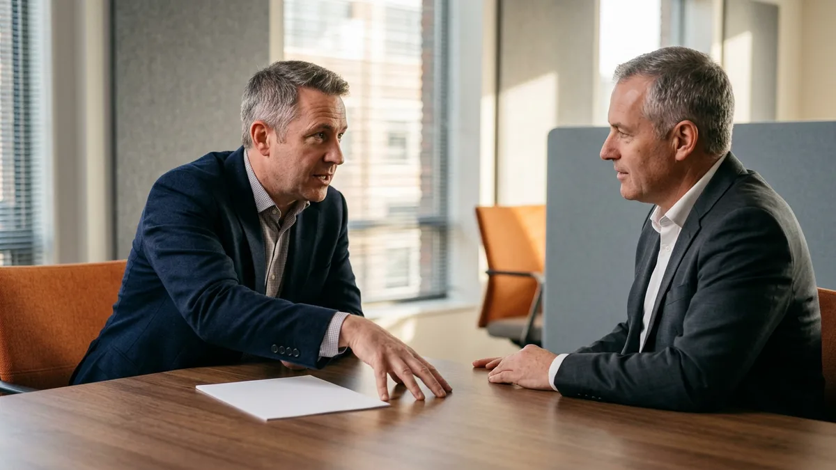 Two executives discussing a printed IT budget during a CIO interview budget exercise