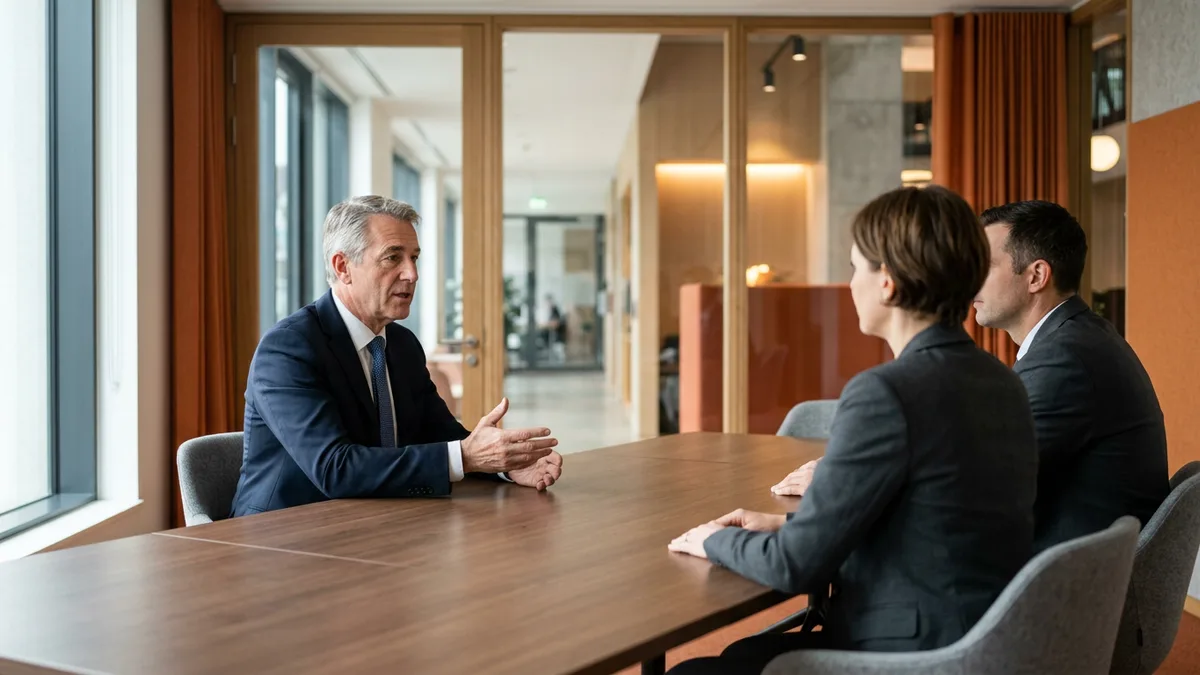CIO candidate answering interview questions across a conference table from two members of a hiring panel