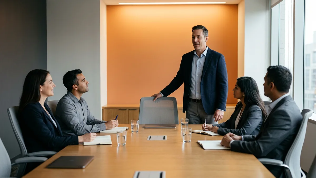 CISO finalist standing at a boardroom table briefing four seated business executives